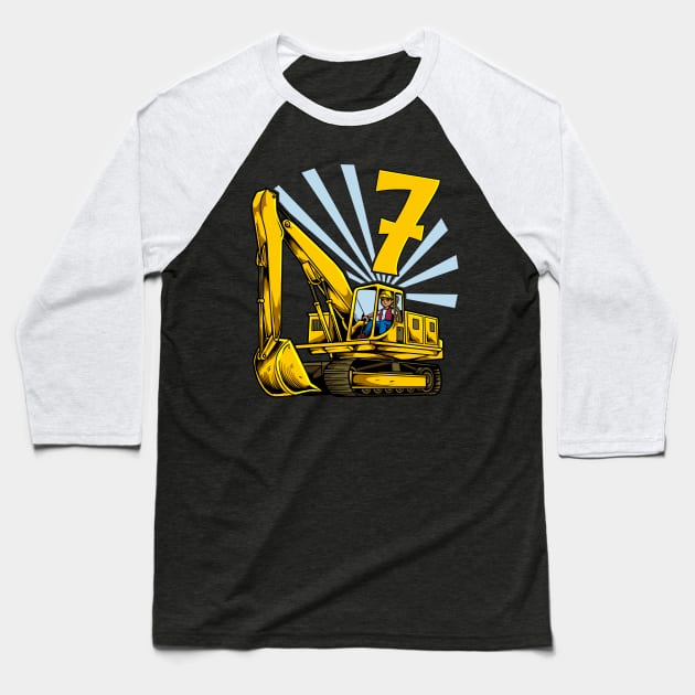 Excavator 7 year old birthday Baseball T-Shirt by Modern Medieval Design